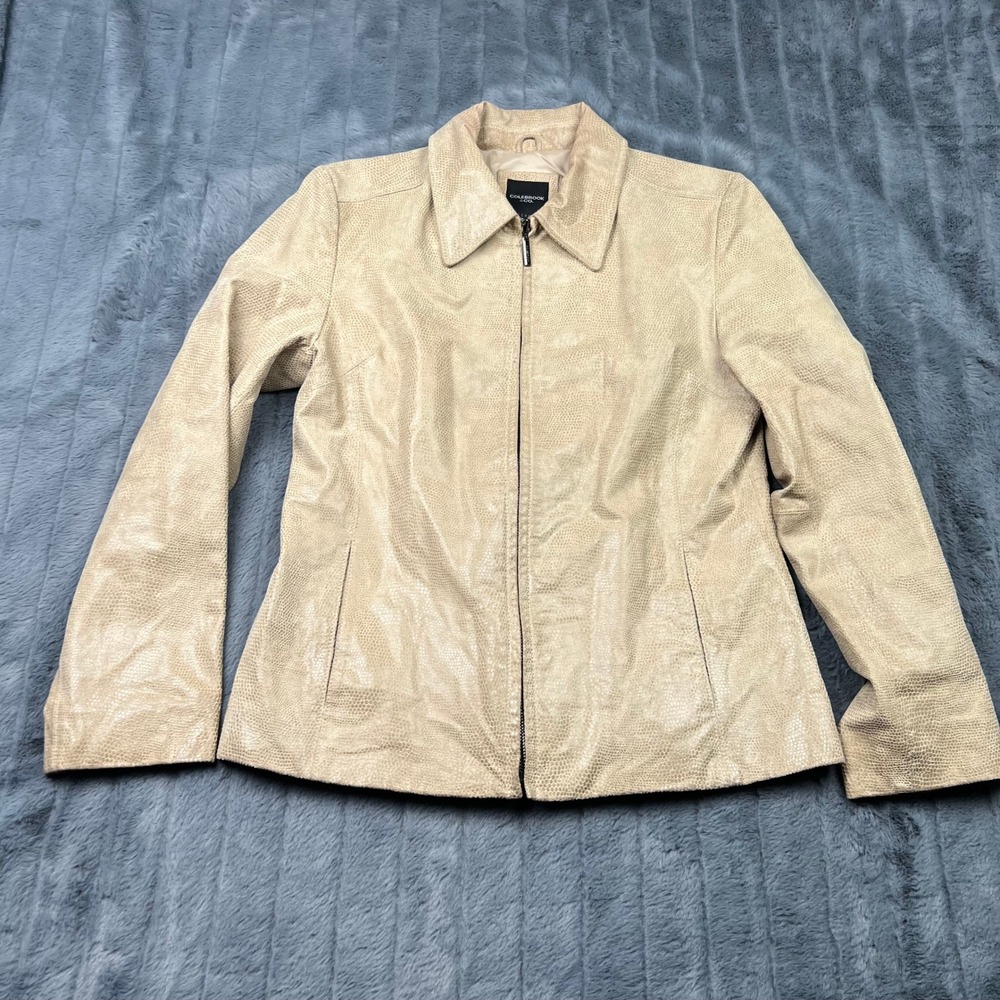 Colebrook & Co Womens Beige Snakeskin Embossed Leather Full Zip Jacket Medium